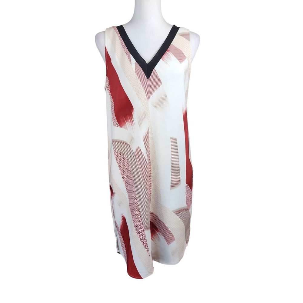 Trouve Shirt Dress Womens Small Maroon Red White Abstract‎ Hi Low Sheer Casual